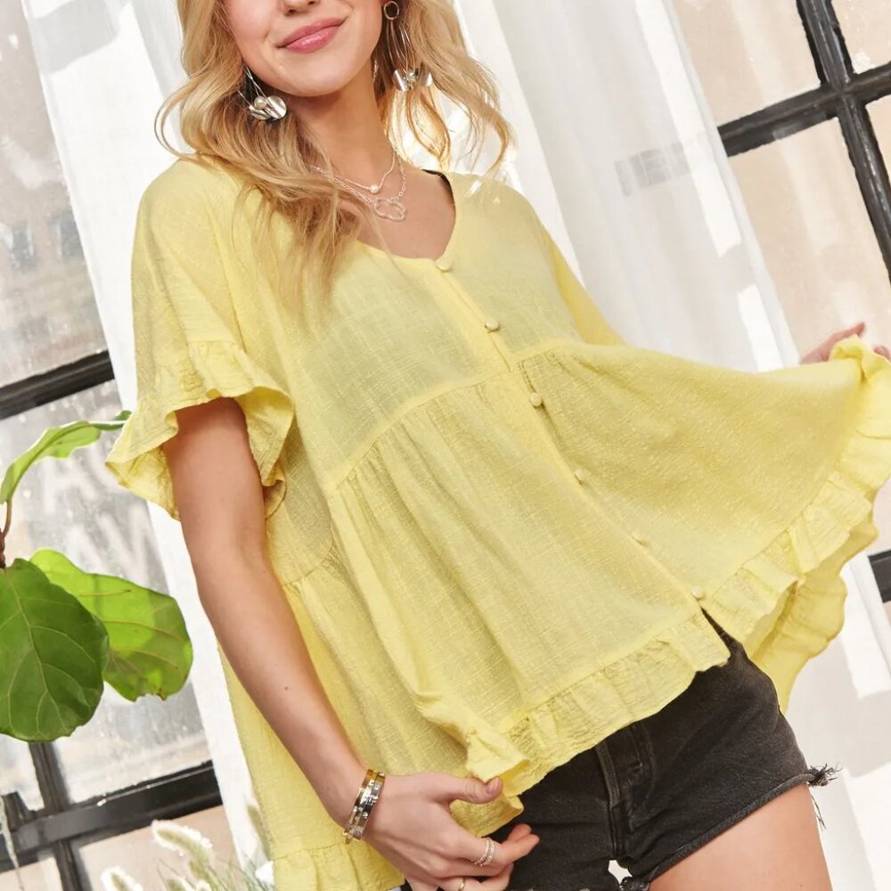 ADORA Button‎ Down Ruffled Babydoll Blouse - Picture 2 of 5